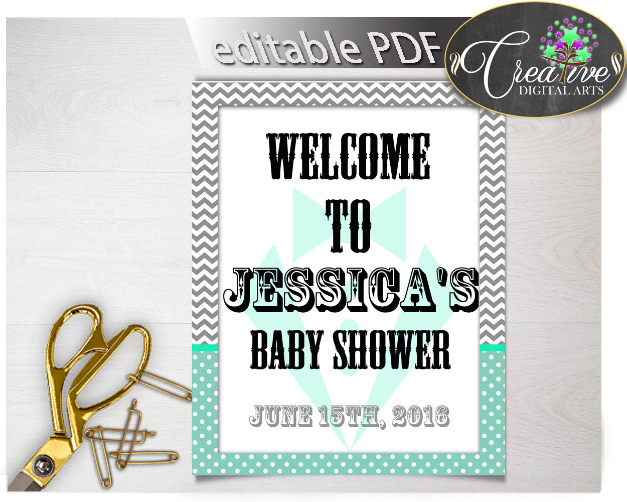 Editable WELCOME baby shower sign little man gentleman mint green suit and gray chevron printable, digital files, instant download - lm001