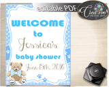 Baby Shower WELCOME sign editable printable, teddy bear Welcome sign, blue baby shower welcome, digital pdf, instant download - tb001