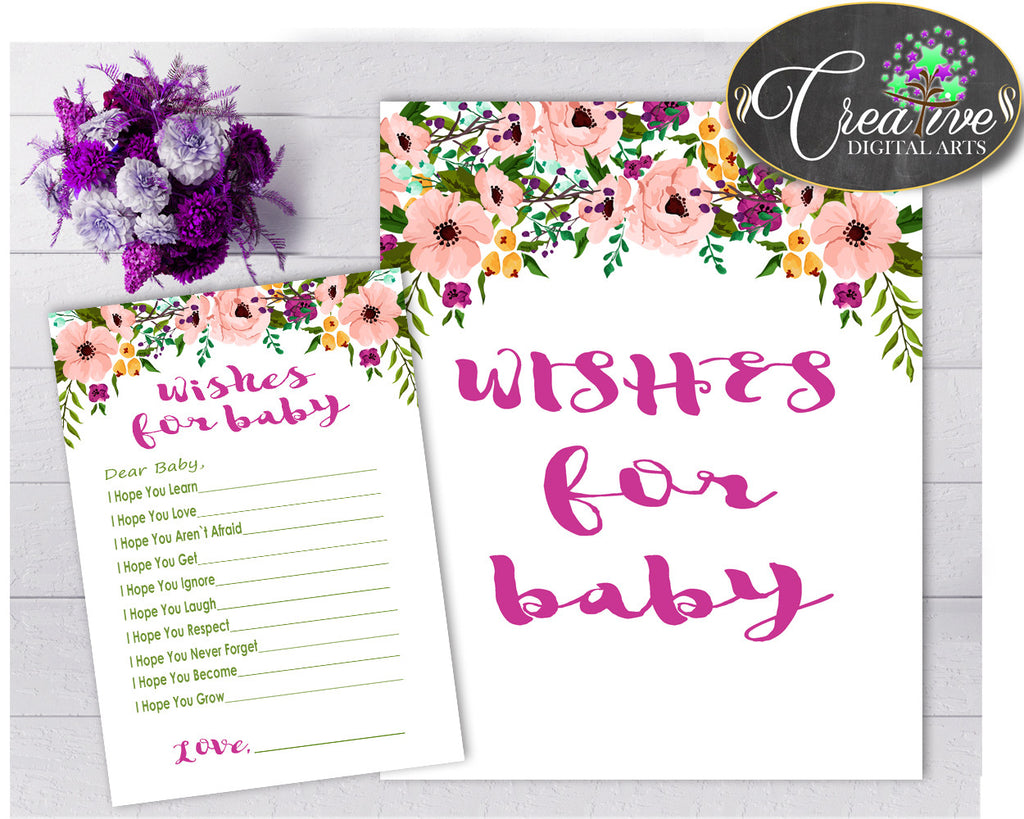 WISHES FOR BABY floral activity advice for baby girl shower watercolor flowers pink green theme printable, Jpg Pdf, instant download - flp01