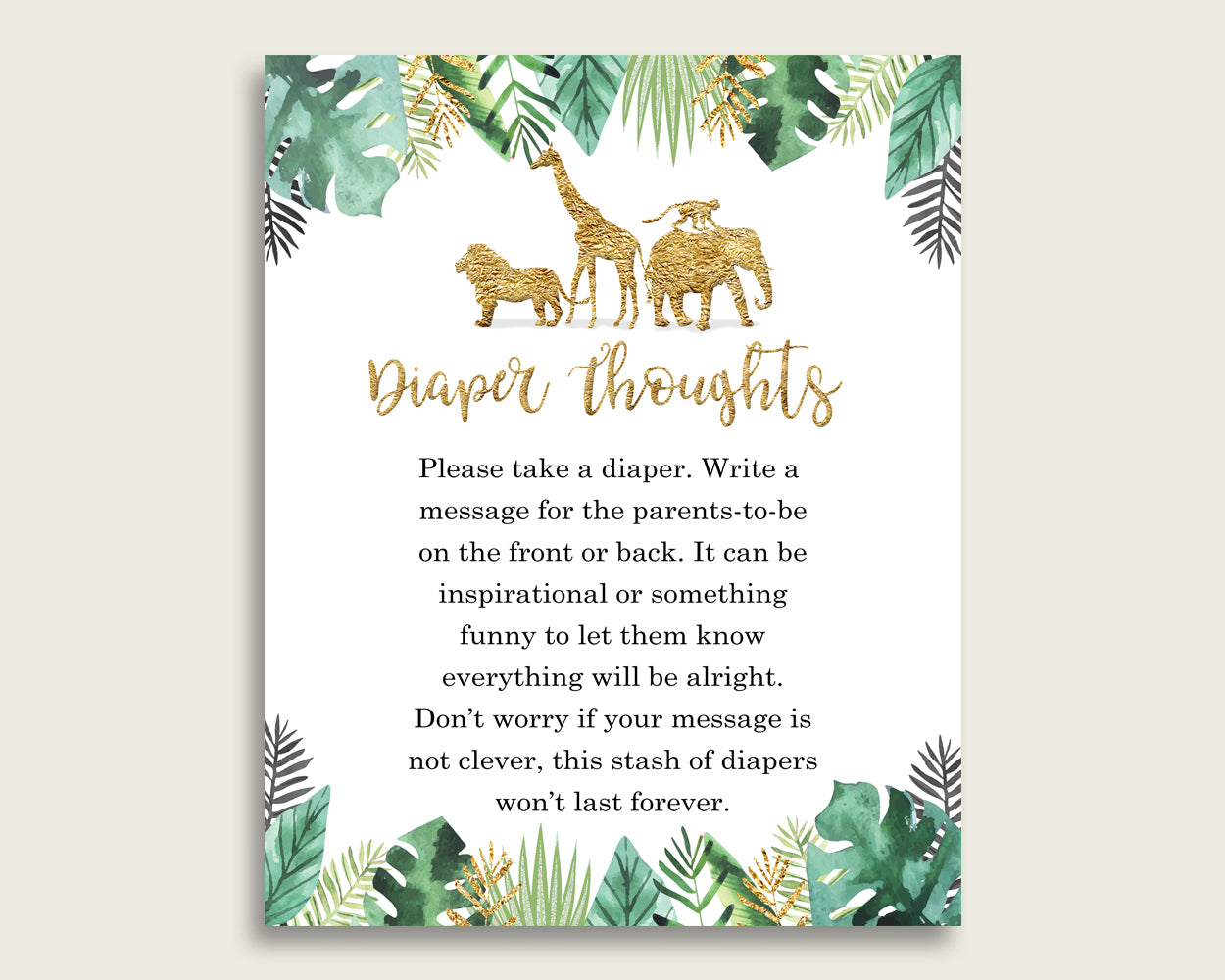 Jungle Baby Shower Diaper Thoughts Printable, Gender Neutral Gold Green Late Night Diaper Sign, Words For Wee Hours, Write On Diaper EJRED