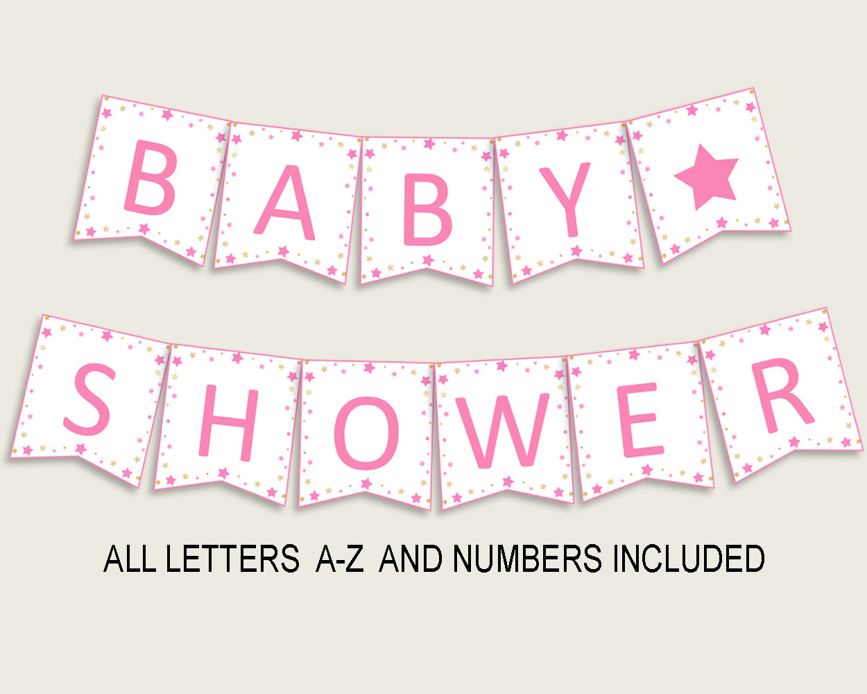 Twinkle Star Baby Shower Banner All Letters, Birthday Party Banner Printable A-Z, Pink Gold Banner Decoration Letters Girl, Cute Stars bsg01