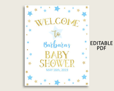 Blue Gold Stars Baby Shower Welcome Sign Printable, Party Large Sign, Editable Welcome Sign Boy, Yard Sign, Instant Download, Little bsr01