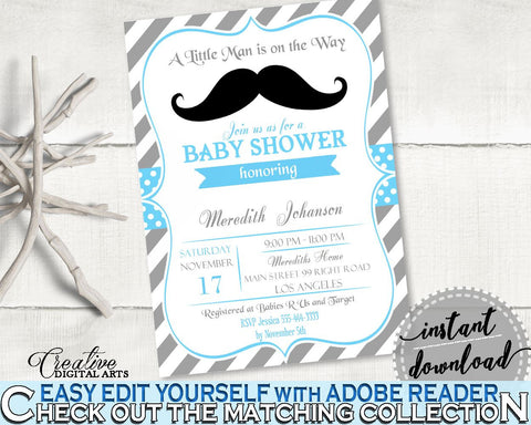Blue Gray Editable Invitation, Baby Shower Editable Invitation, Mustache Baby Shower Editable Invitation, Baby Shower Mustache 9P2QW - Digital Product