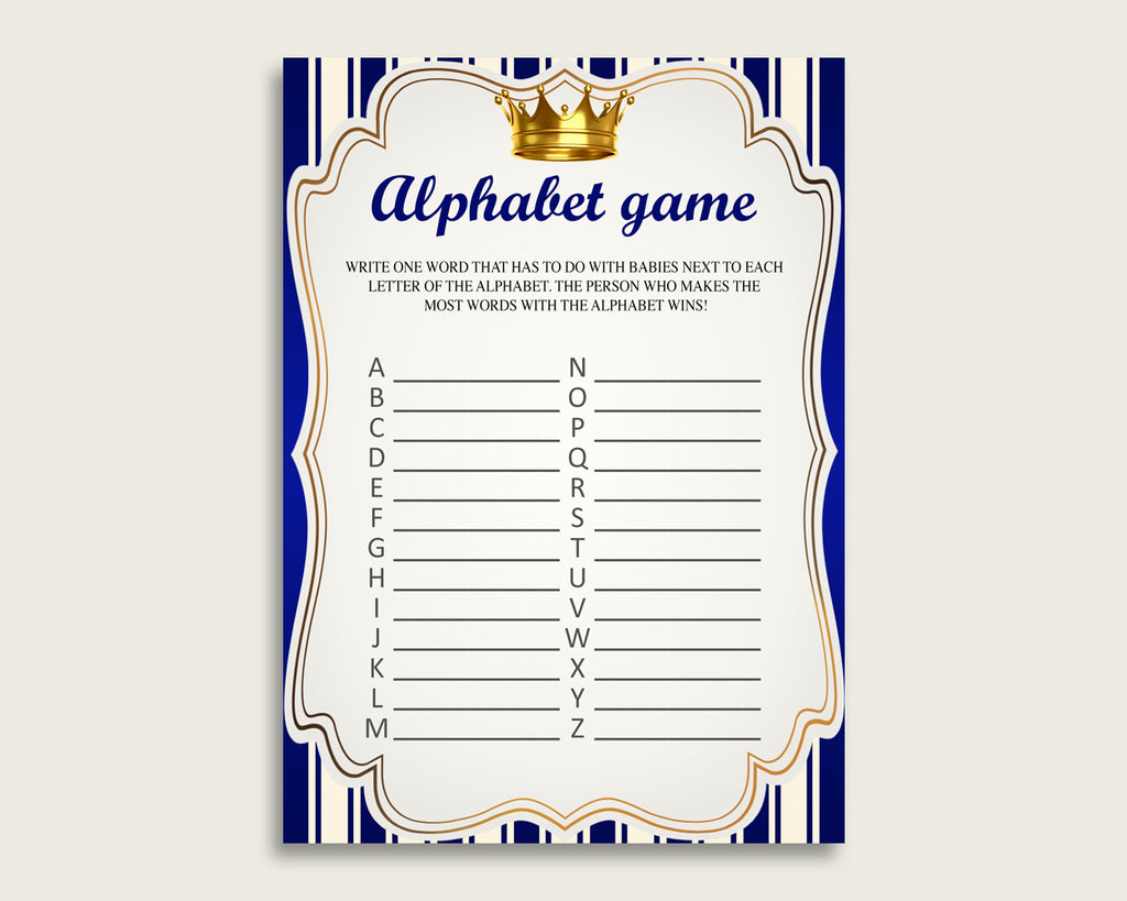 Blue Gold Alphabet Baby Shower Boy Game, Royal Prince A-Z Guessing Baby Game Printable, ABC's Baby Item Name Game, Instant Download, rp001