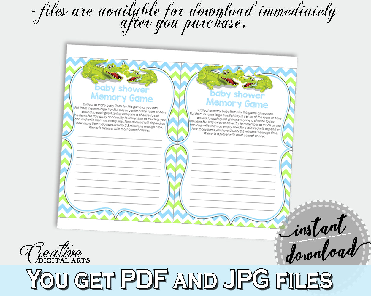 Baby Shower MEMORY game with green alligator and blue color theme, instant download - ap002