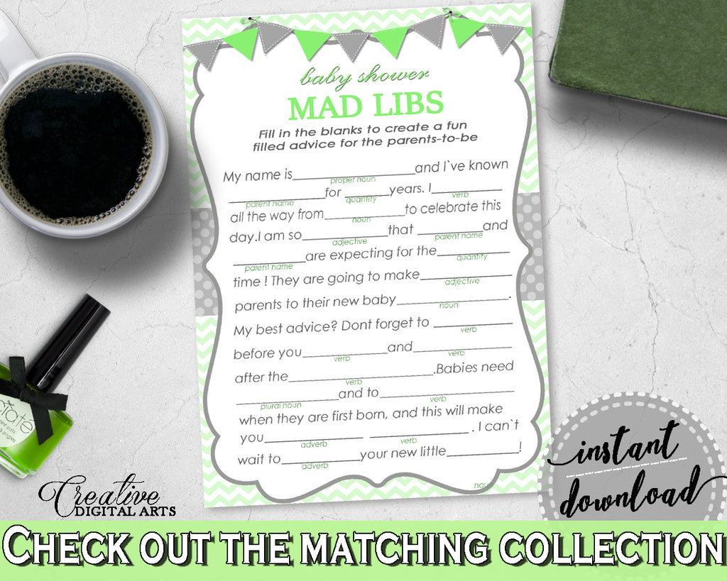 MAD LIBS baby shower game with chevron green theme printable, digital Jpg Pdf, instant download - cgr01