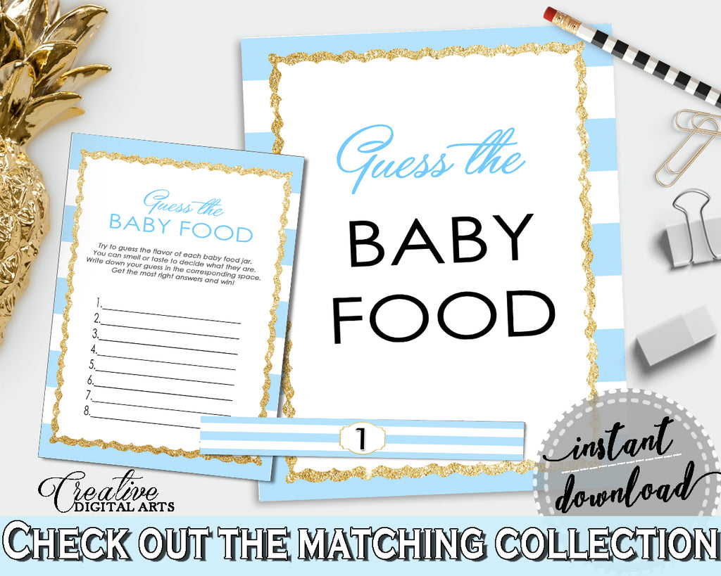 GUESS The BABY FOOD printable game for baby shower with blue stripes theme, glitter title, digital, Jpg Pdf, instant download - bs002