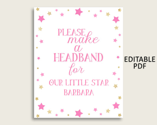 Twinkle Star Baby Shower Headband Sign, Pink Gold Headband Station Sign Editable, Girl Shower Headband For Baby, Instant Download, bsg01