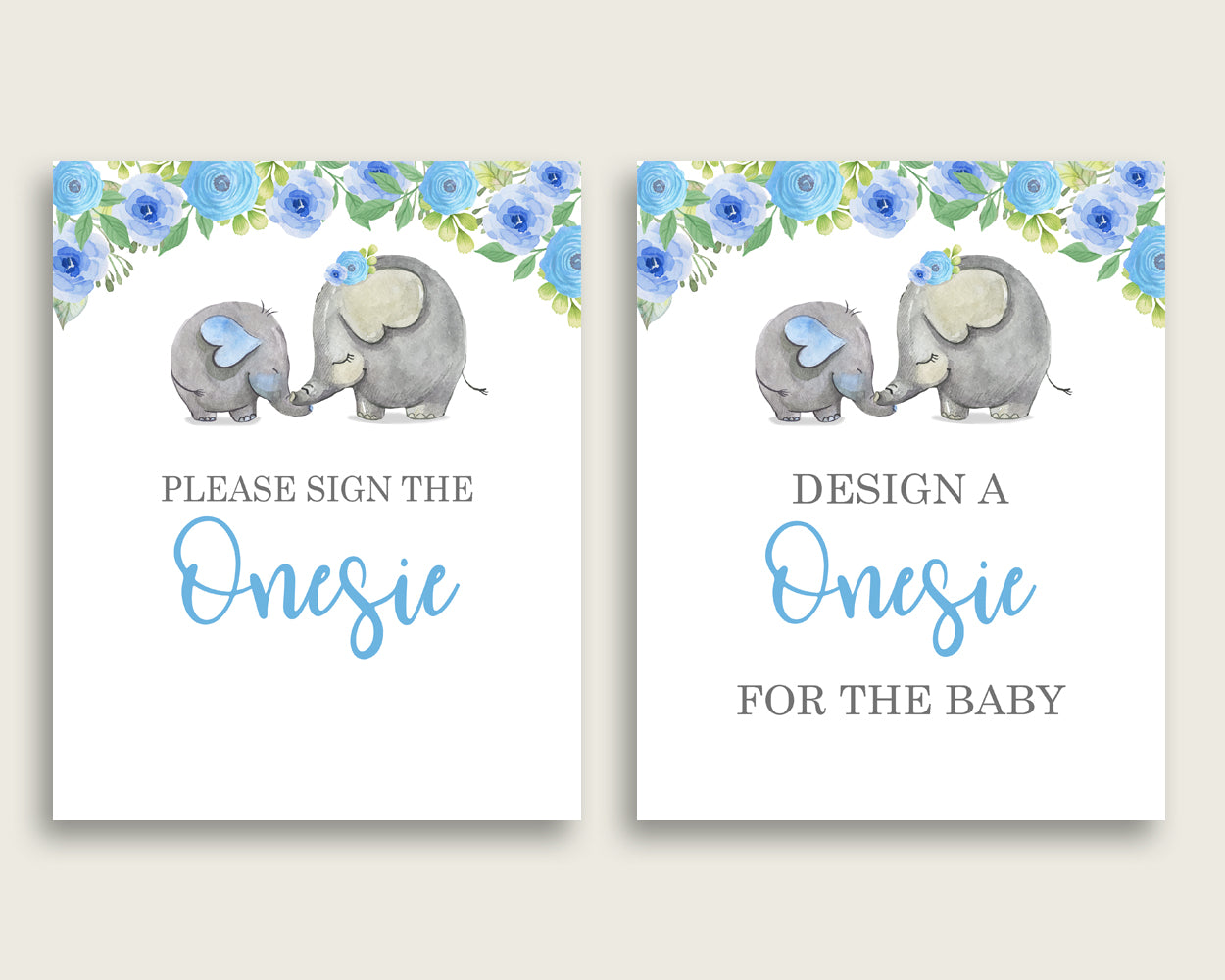 Blue Gray Please Sign The Onesie Sign and Design A Onesie Sign Printables, Elephant Blue Boy Baby Shower Decor, Instant Download, ebl01