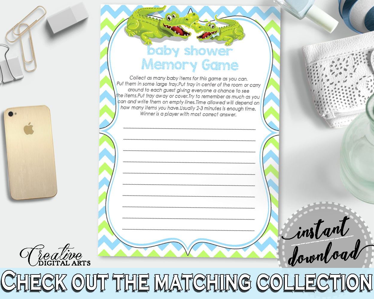 Baby Shower MEMORY game with green alligator and blue color theme, instant download - ap002