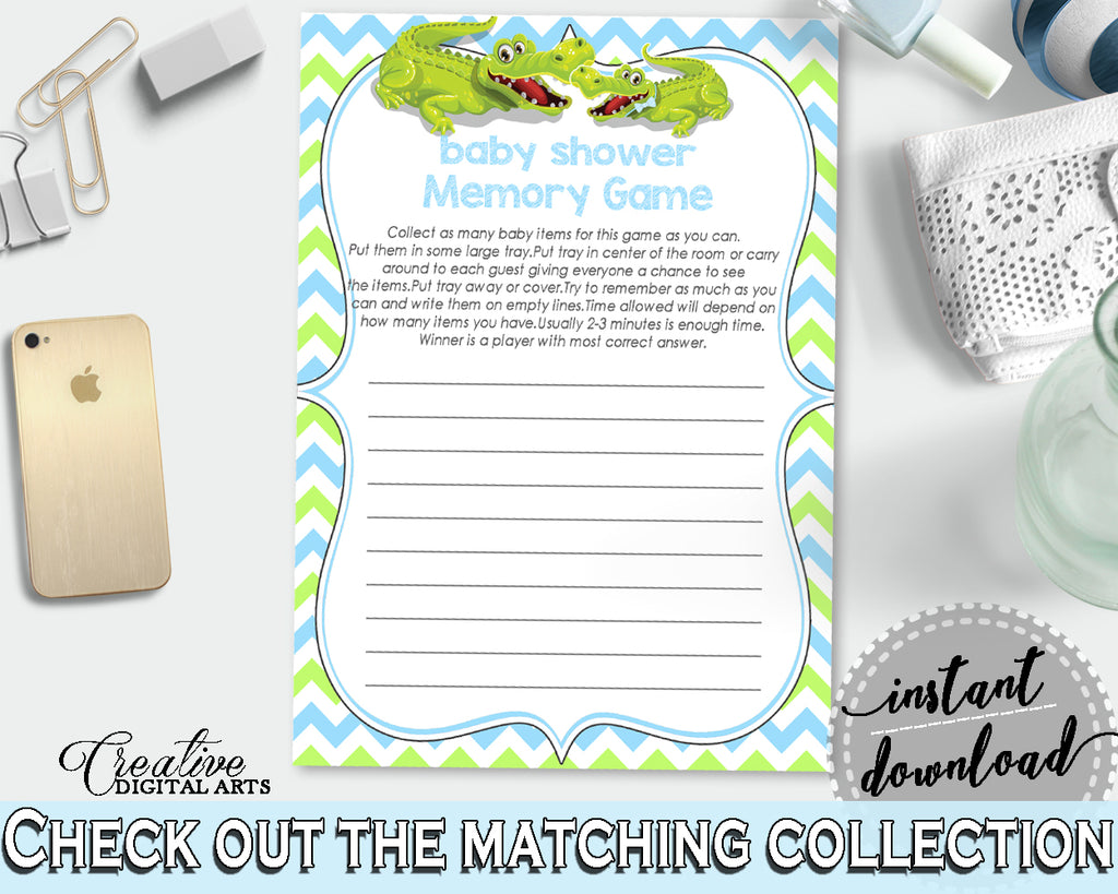 Baby Shower MEMORY game with green alligator and blue color theme, instant download - ap002