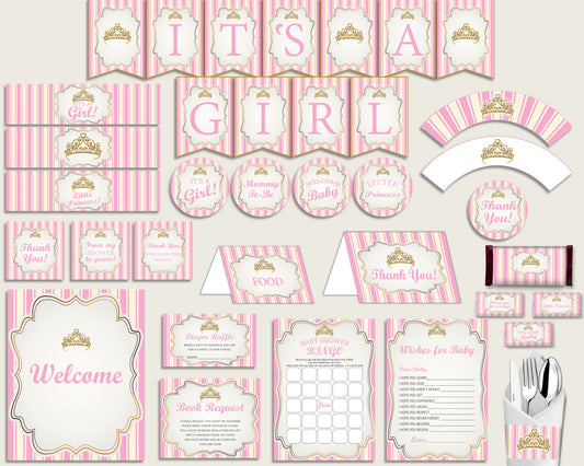 Pink Gold Baby Shower Decorations Girl Kit, Royal Princess Baby Shower Party Package Printable, Instant Download, Glamorous rp002
