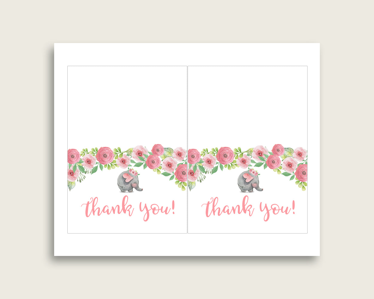 Pink Grey Thank You Cards Printable, Pink Elephant Baby Shower Thank You Notes, Girl Shower Thank You Folded, Instant Download, ep001