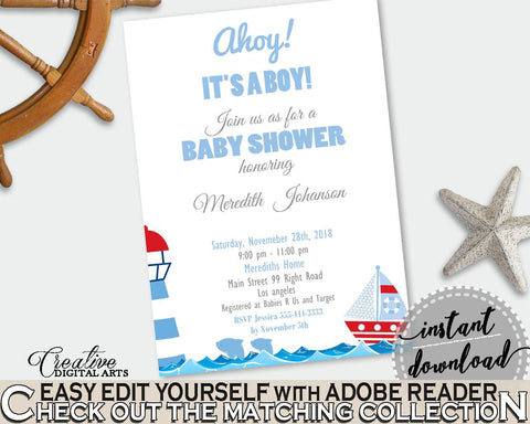 Invitation Baby Shower Invitation Nautical Baby Shower Invitation Baby Shower Nautical Invitation Blue Red party theme, party ideas DHTQT - Digital Product