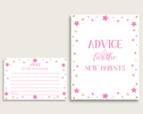 Twinkle Star Advice For Mommy To Be Cards & Sign, Printable Baby Shower Pink Gold Advice For New Parents, Instant Download, Cute Stars bsg01