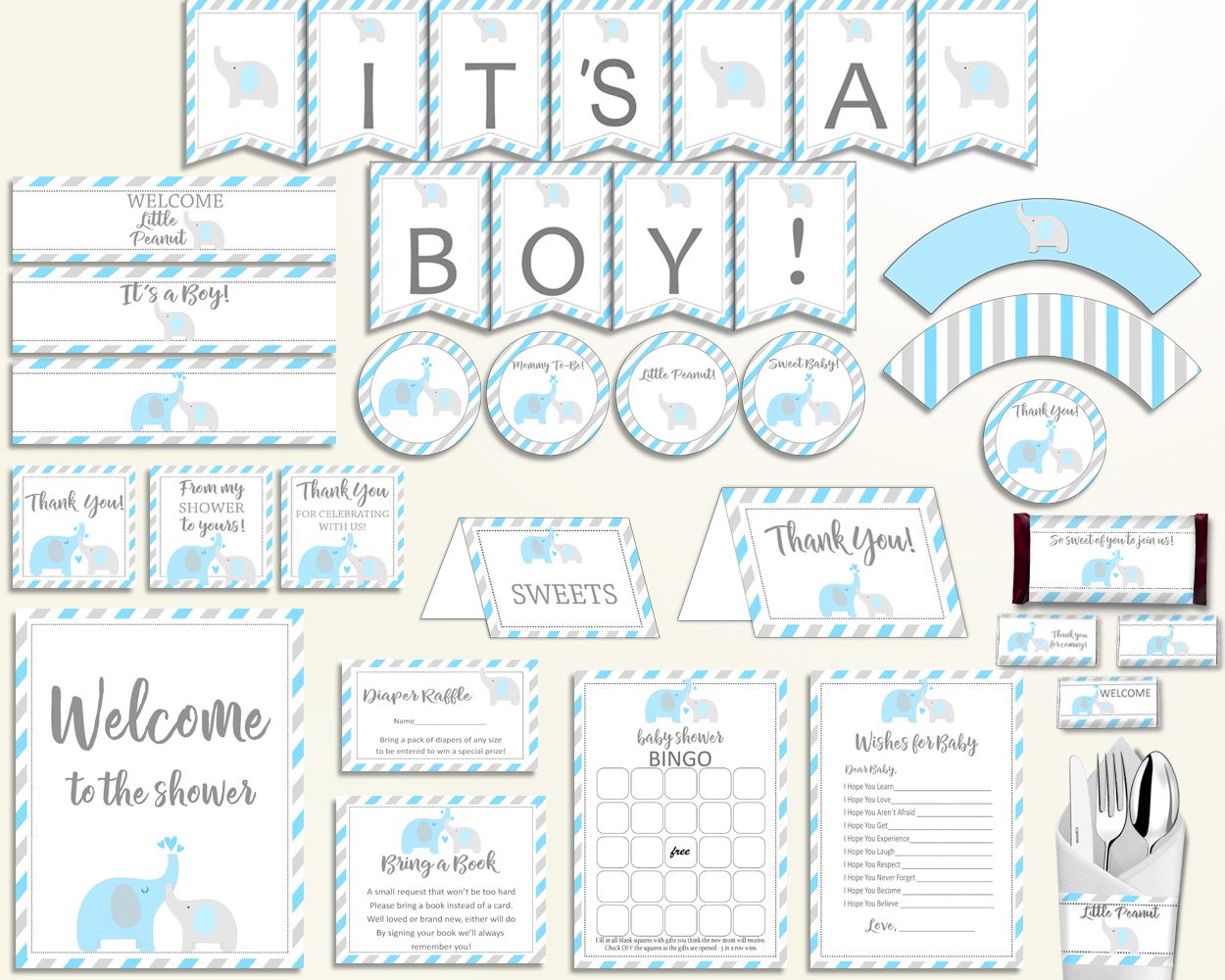 Decorations Baby Shower Decorations Elephant Baby Shower Decorations Blue Gray Baby Shower Elephant Decorations party theme prints C0U64 - Digital Product