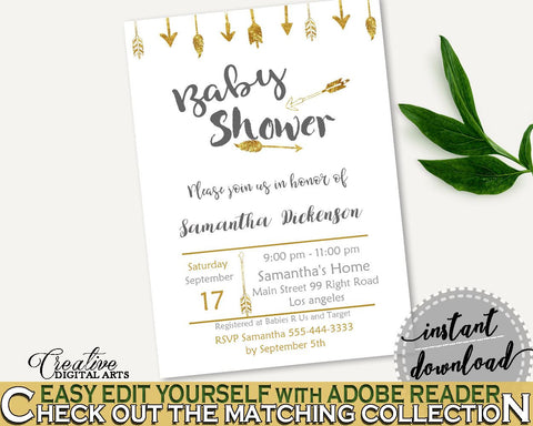 Invitation Baby Shower Invitation Gold Arrows Baby Shower Invitation Baby Shower Gold Arrows Invitation Gold White pdf jpg, prints I60OO - Digital Product