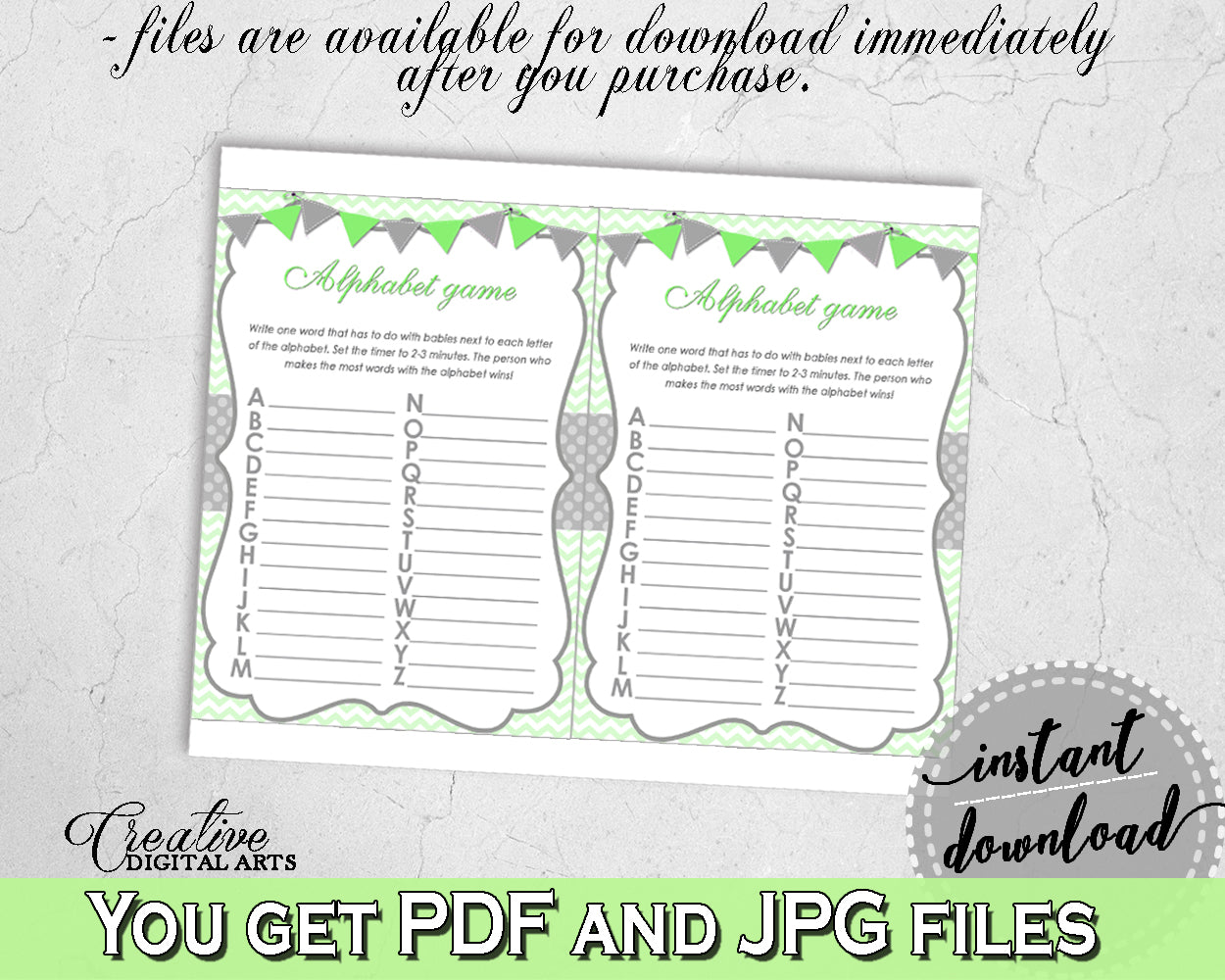 Baby Shower ALPHABET game for boy or girl shower with chevron green theme printable, digital file, Jpg and Pdf, instant download - cgr01