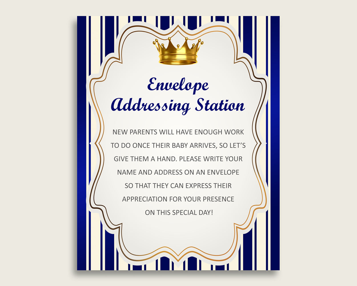 Blue Gold Baby Shower Address Sign Printable, Royal Prince Envelope Station Sign, Envelope Addressing Baby Shower Boy, King Crown rp001