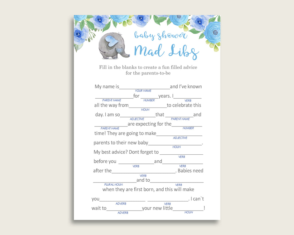 Blue Gray Mad Libs Baby Shower Boy Game Printable, Elephant Blue Mad Libs Fun Activity, DIY digital file, Elephant Trunk Flowers ebl01