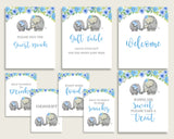 Elephant Blue Baby Shower Boy Table Signs Printable, Blue Gray Party Table Decor, Favors, Food, Drink, Treat, Guest Book, Instant ebl01