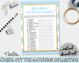 WORD SCRAMBLE printable baby shower game with blue and white stripes theme, gold glitter, digital files jpg pdf, instant download - bs002