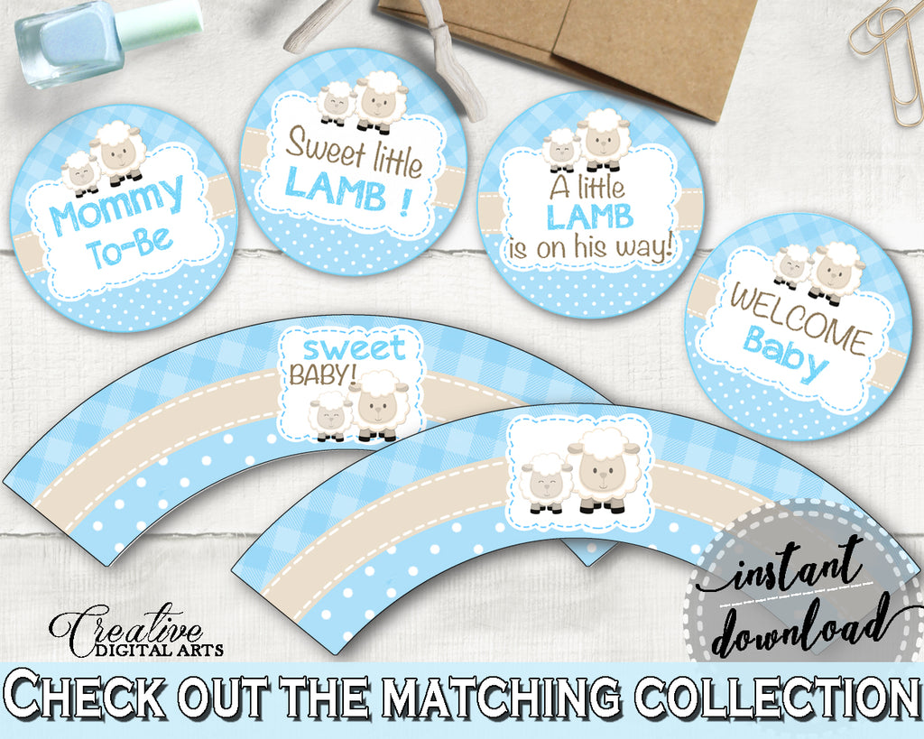 Little Lamb Baby shower Boy CUPCAKE TOPPERS and cupcake WRAPPERS printable blue theme sheep, digital Jpg Pdf, instant download - fa001