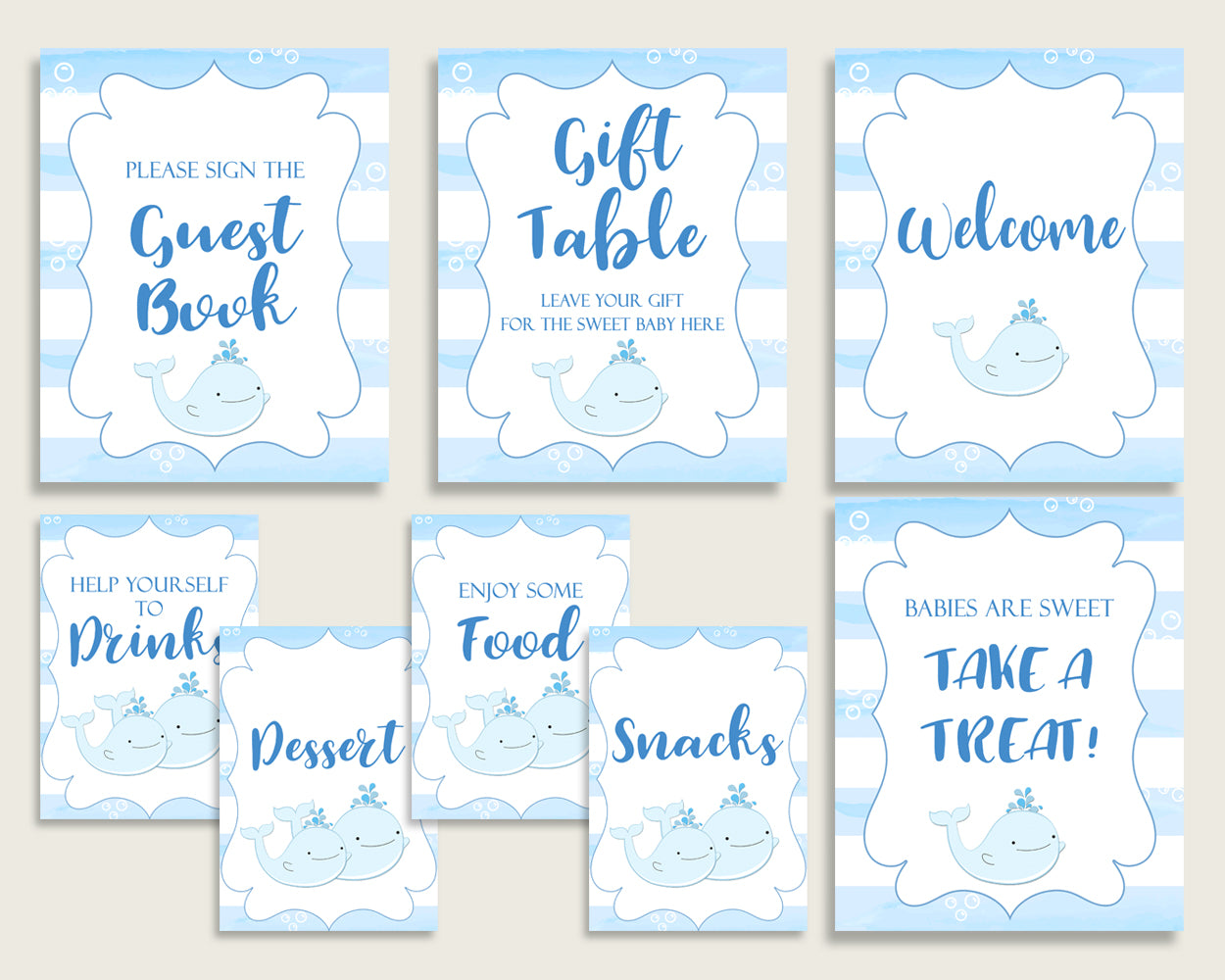 Whale Baby Shower Boy Table Signs Printable, Blue White Party Table Decor, Favors, Food, Drink, Treat, Guest Book, Instant Download, wbl01