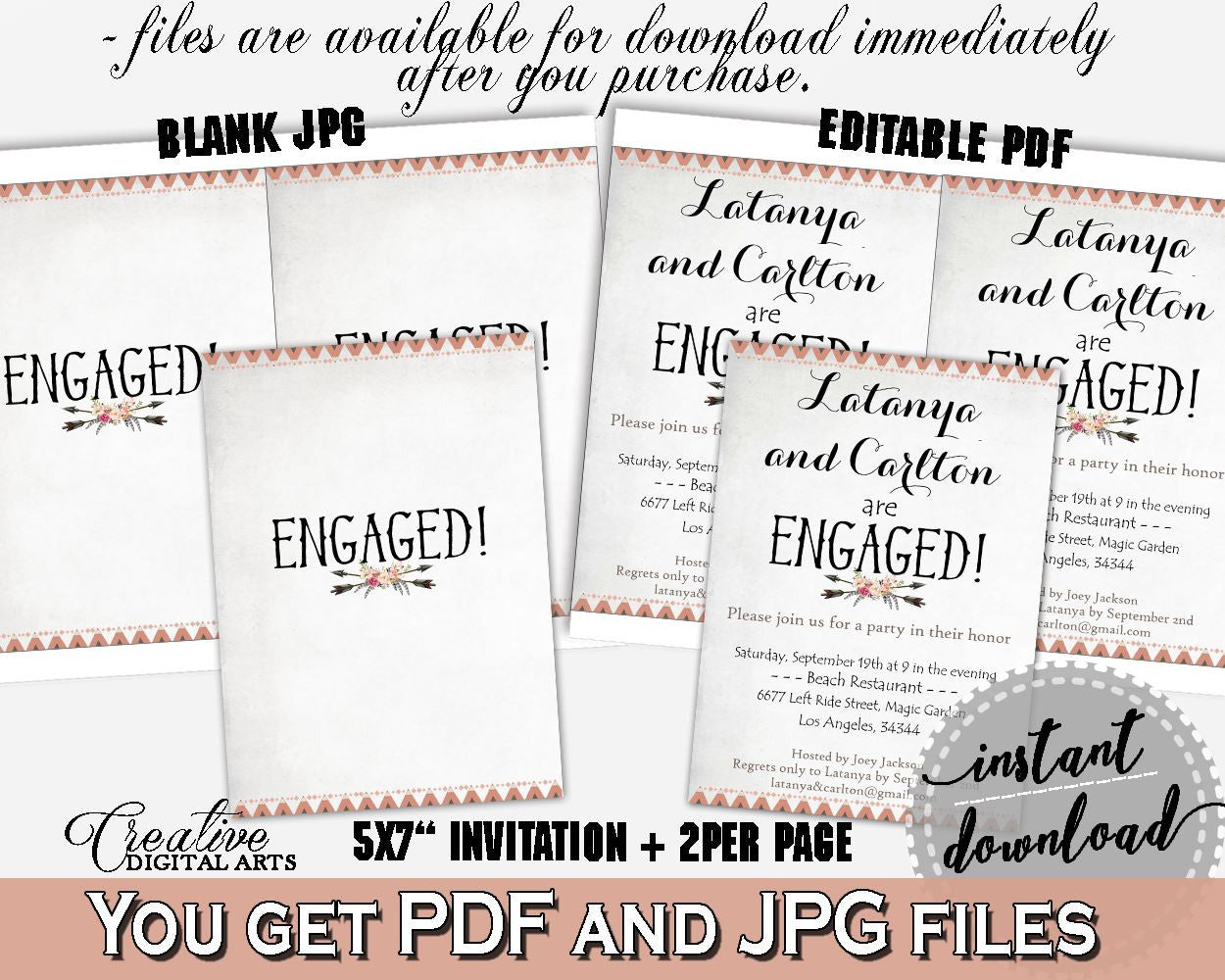 Antlers Flowers Bohemian Bridal Shower Engaged Invitation Editable in Gray and Pink, they're engaged, boho floral, party plan - MVR4R - Digital Product