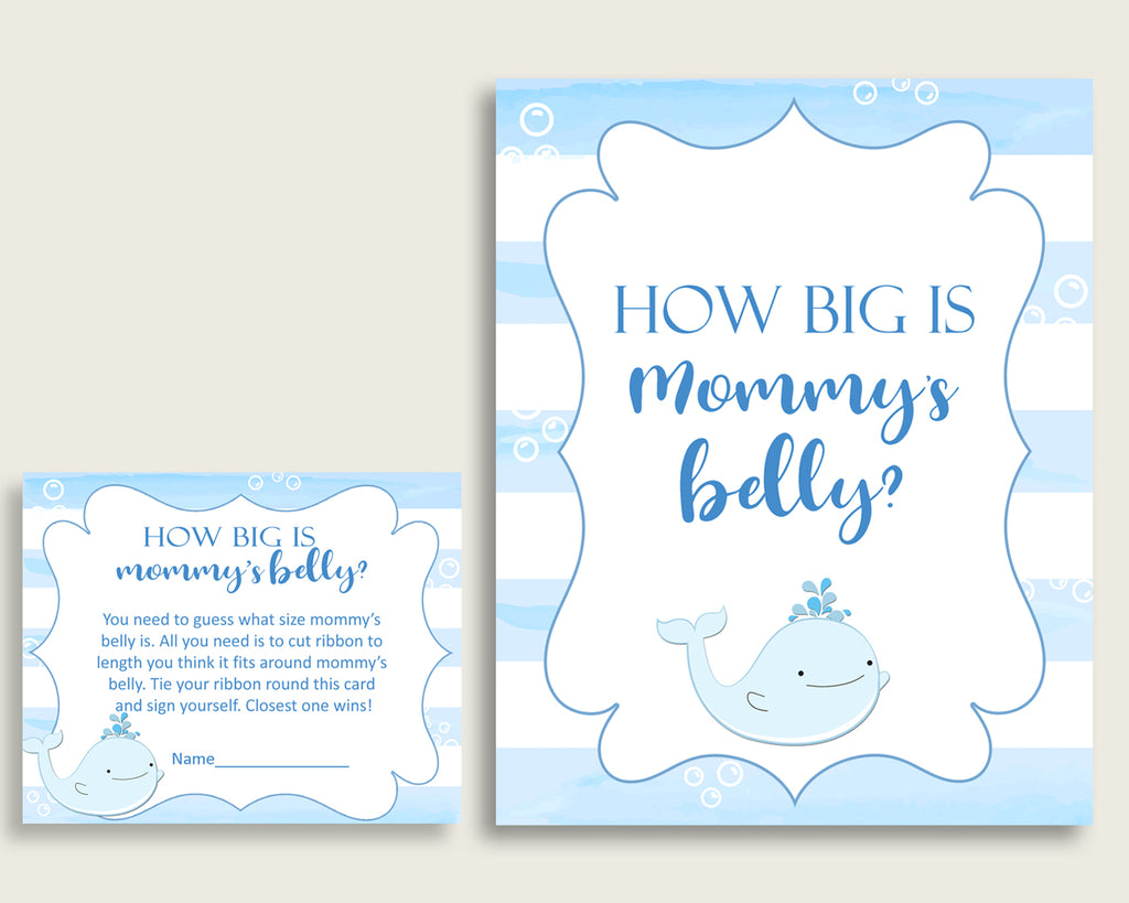Blue White How Big Is Mommy's Belly Game, Whale Baby Shower Boy, Guess Mommys Belly Size, Mommy Tummy Game, Instant Download, wbl01