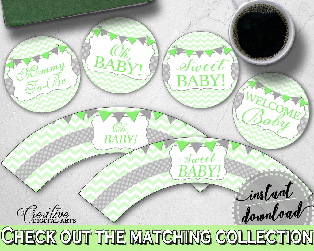 Baby shower girl boy CUPCAKE TOPPERS and cupcake WRAPPERS printable with chevron green theme, instant download - cgr01