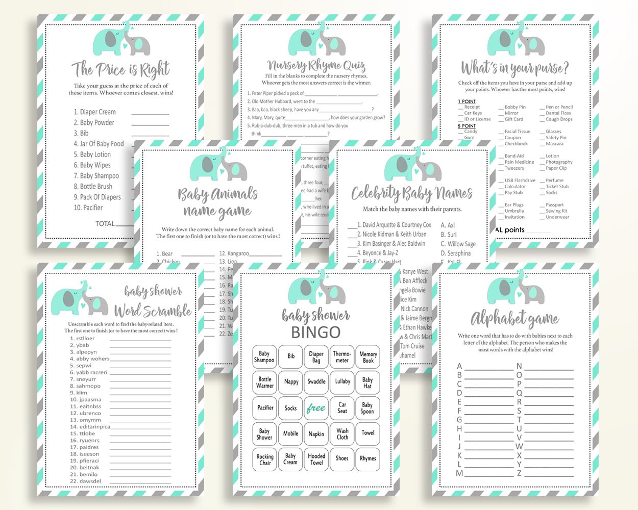 Games Baby Shower Games Turquoise Baby Shower Games Baby Shower Elephant Games Green Gray party plan digital download party stuff 5DMNH - Digital Product