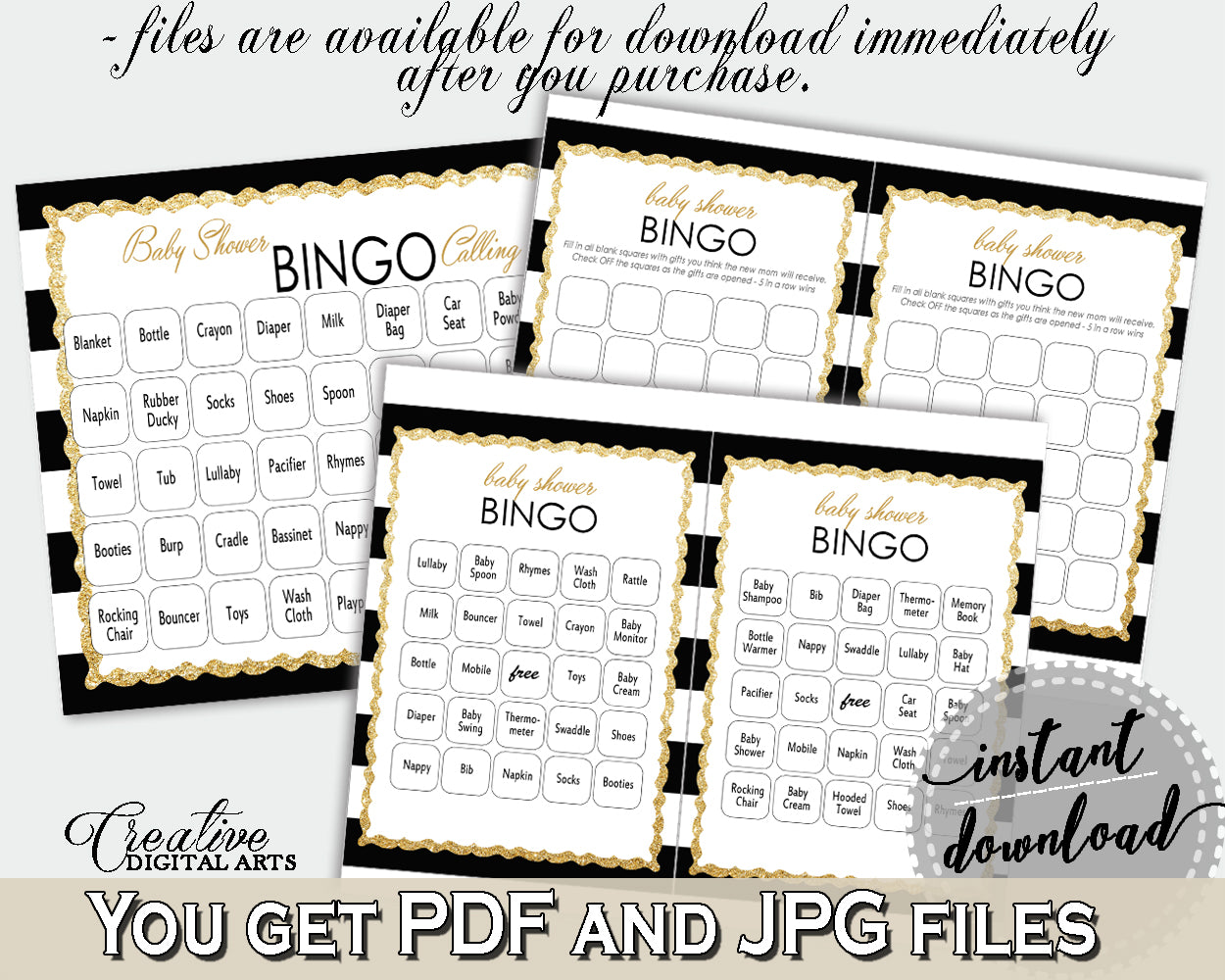 Baby Shower BINGO 60 cards game and empty gift BINGO cards with black white stripes color theme printable, instant download - bs001