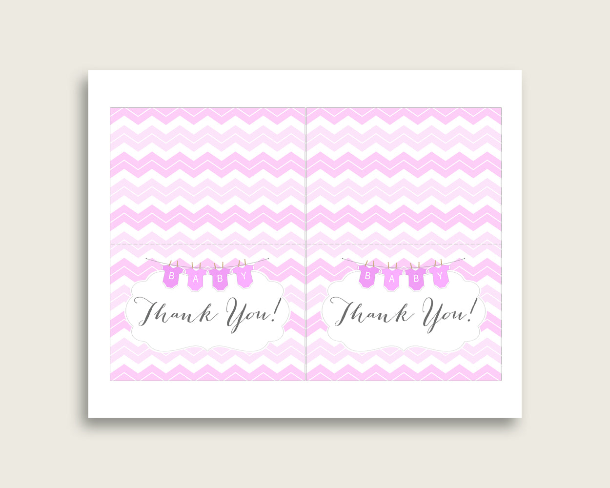Pink White Thank You Cards Printable, Chevron Baby Shower Thank You Notes, Girl Shower Thank You Folded, Instant Download, Light Pink cp001