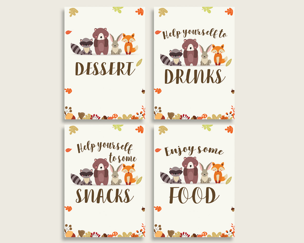 Woodland Baby Shower Gender Neutral Table Signs Printable, Brown Beige Party Table Decor, Favors, Food, Drink, Treat, Guest Book w0001