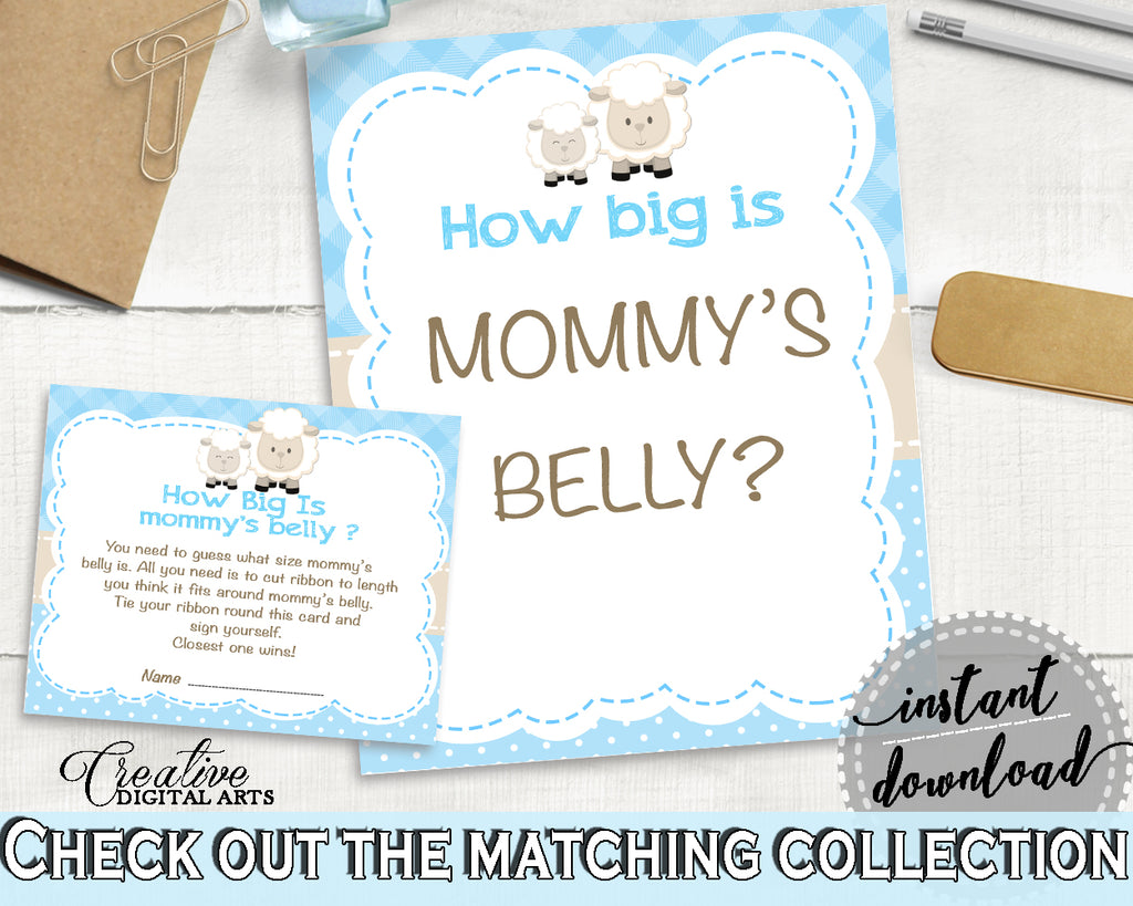 Little Lamb Baby Shower How Big Is MOMMY'S BELLY game blue printable, sheep baby boy theme, digital files Jpg Pdf, instant download - fa001