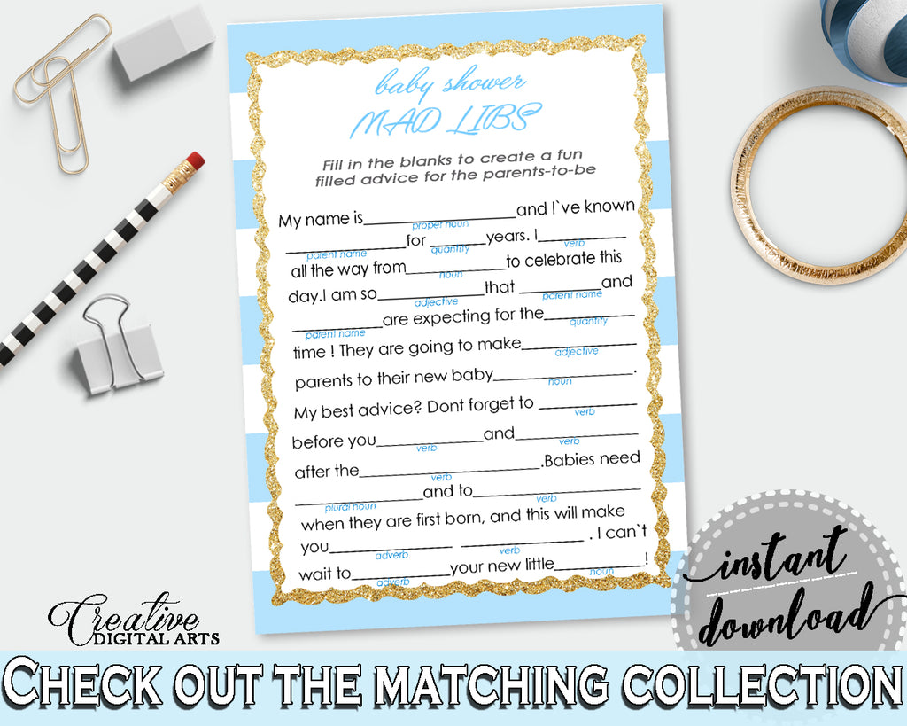 MAD LIBS baby shower printable game with blue and white stripes, gold glitter digital Jpg Pdf, instant download - bs002