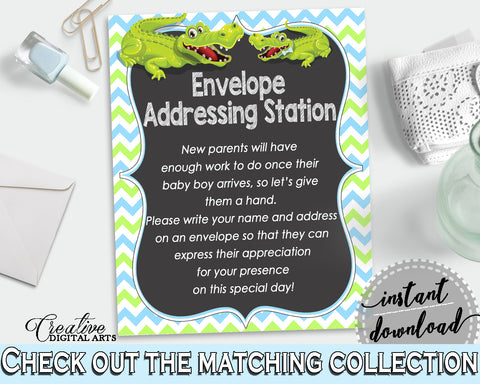 ADDRESS STATION baby shower sign with green alligator and blue color theme, instant download - ap002