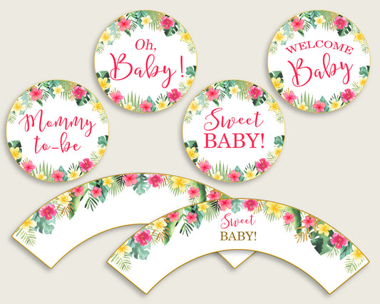 Hawaiian Cupcake Toppers, Pink Green Cupcake Wrappers, Toppers Wrappers Baby Shower Girl, Instant Download, Luau Aloha Palm Leaves 955MG