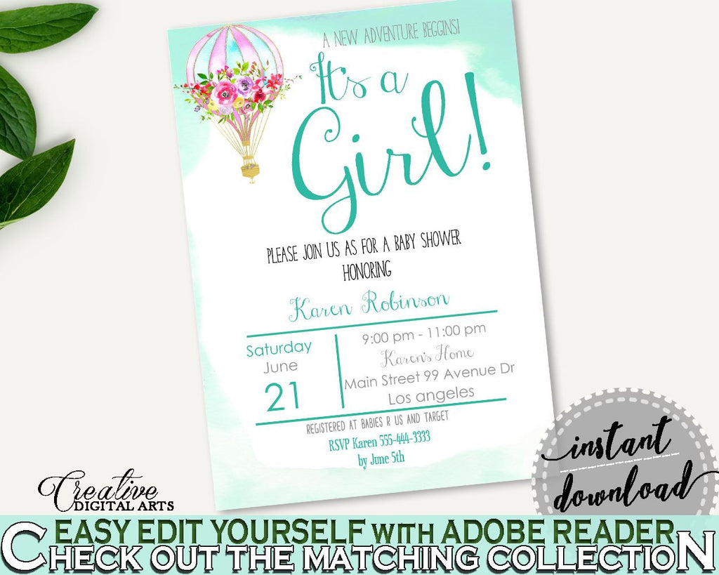 Invitation Baby Shower Invitation Hot Air Balloon Baby Shower Invitation Baby Shower Hot Air Balloon Invitation Green Pink party theme CSXIS - Digital Product