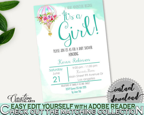 Invitation Baby Shower Invitation Hot Air Balloon Baby Shower Invitation Baby Shower Hot Air Balloon Invitation Green Pink party theme CSXIS - Digital Product