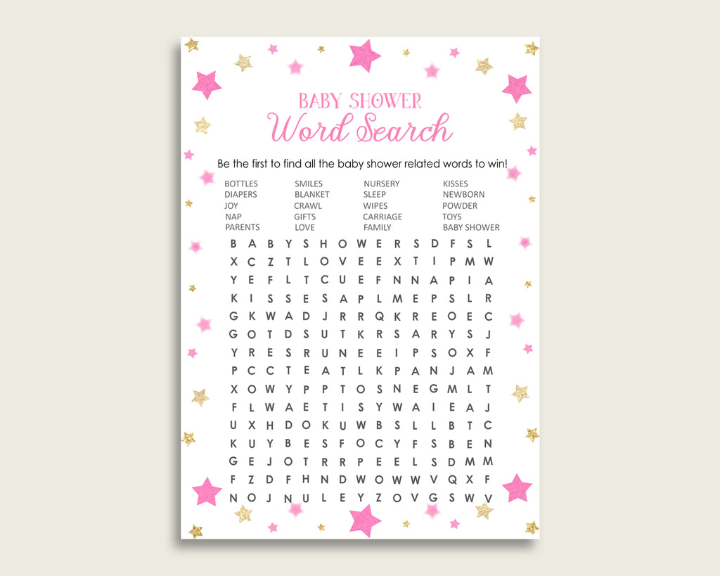 Twinkle Star Word Search Game, Pink Gold Baby Shower Word Search Cards Printable, Girl Baby Shower Activities, Hidden Words, Instant bsg01
