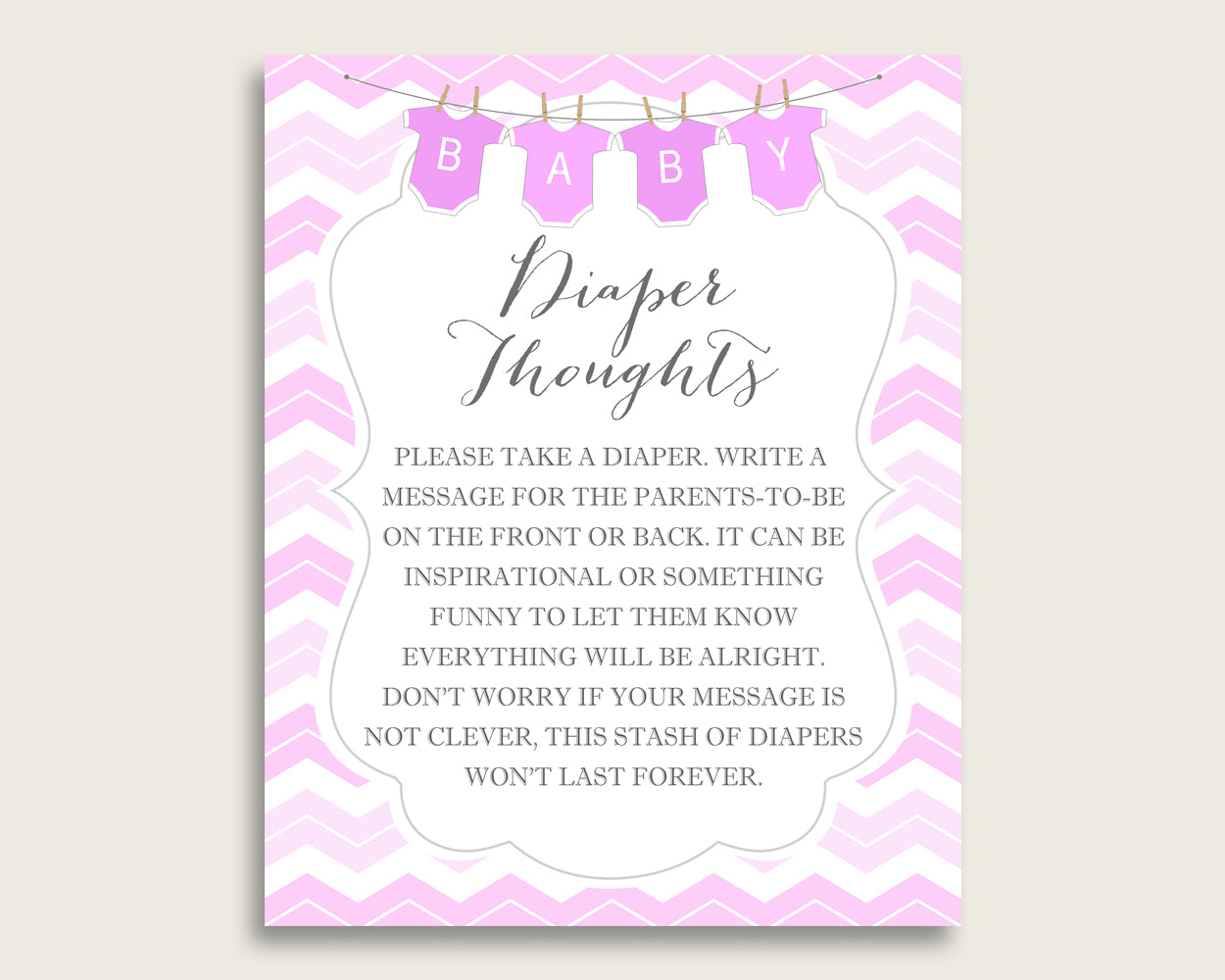 Chevron Baby Shower Diaper Thoughts Printable, Girl Pink White Late Night Diaper Sign, Words For Wee Hours, Write On Diaper Message cp001