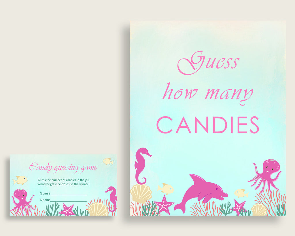 Pink Green Candy Guessing Game, Under The Sea Baby Shower Girl Sign And Cards, Guess How Many Candies, Candy Jar Game, Jelly Beans uts01