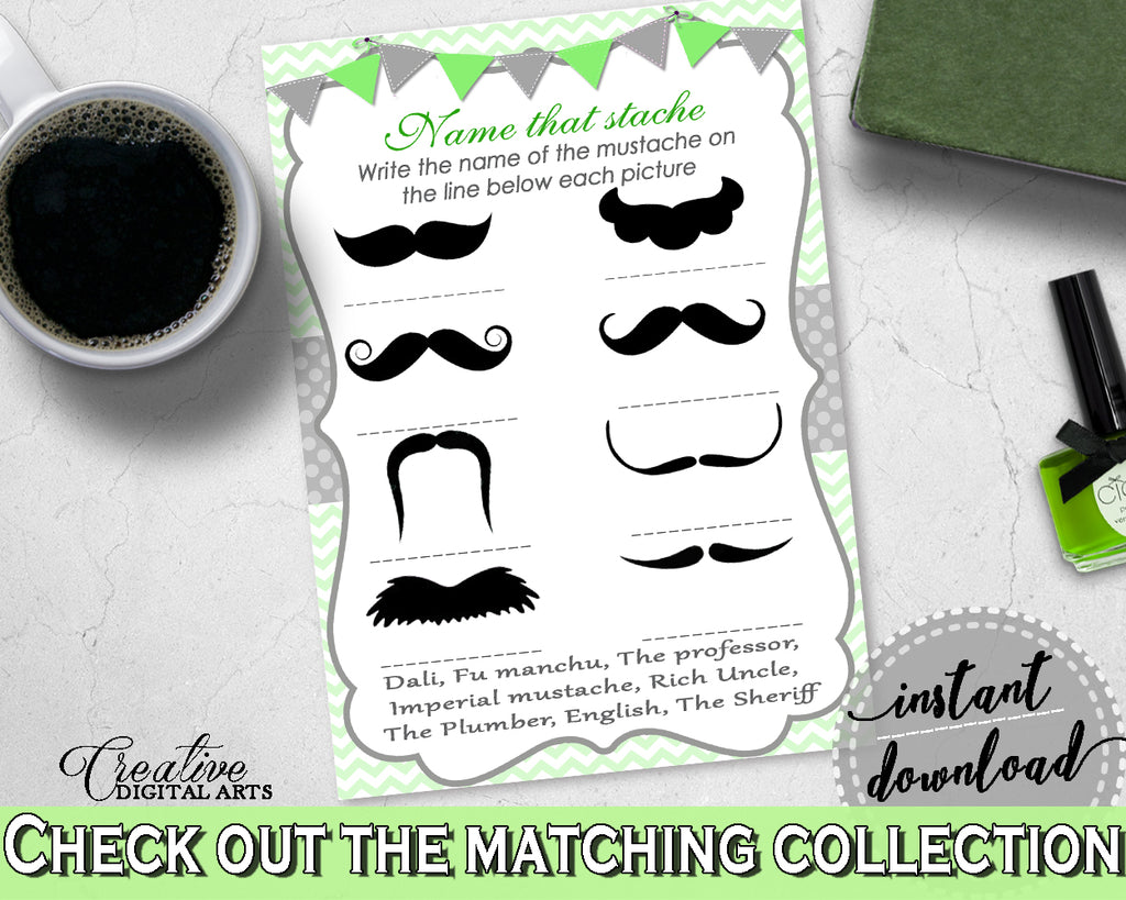 Baby Boy Shower NAME THAT STACHE game with chevron green theme printable, digital file, Jpg Pdf, instant download - cgr01