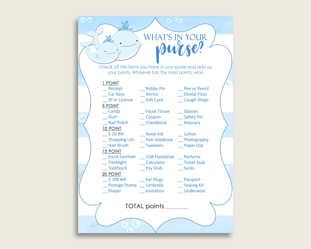 Whale What's In Your Purse Game Printable, Blue White Whats In Your Purse, Boy Baby Shower Purse Game, Instant Download, Nautical Sea wbl01