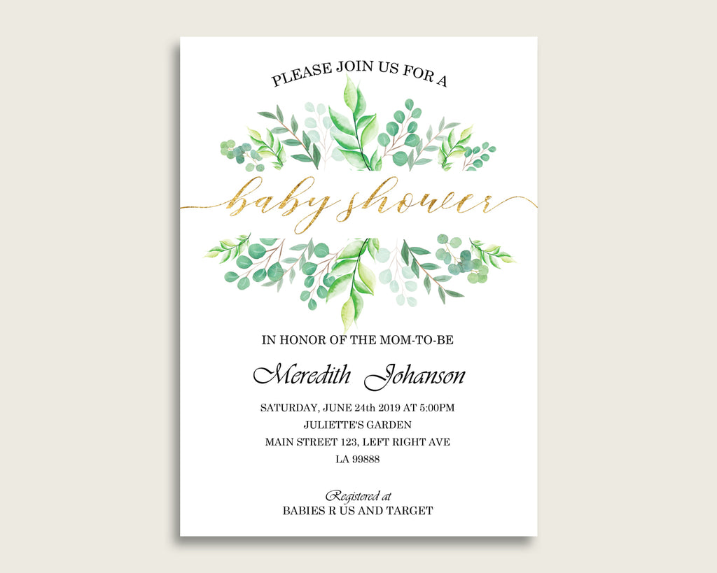 Greenery Baby Shower Invitations Printable, Digital Or Printed Invitation Baby Shower Gender Neutral, Editable Invitation Green Gold Y8X33