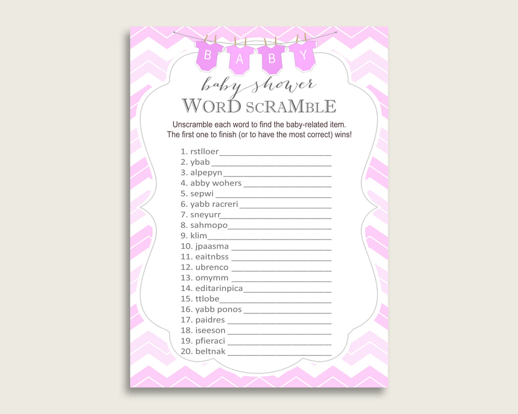 Girl Baby Shower Word Scramble Game Printable, Cute Chevron Pink White Word Scramble, Funny Activity, Instant Download, Light Pink cp001