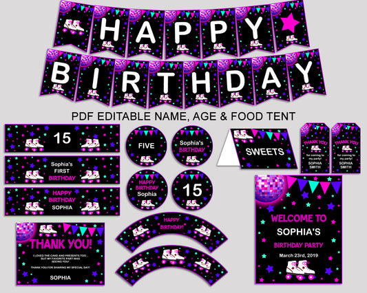 Birthday Roller Skates Party Decor Roller Skates Editable Package Pink Black Birthday Decoration Roller Skates Birthday Kit Girl 8NAK7