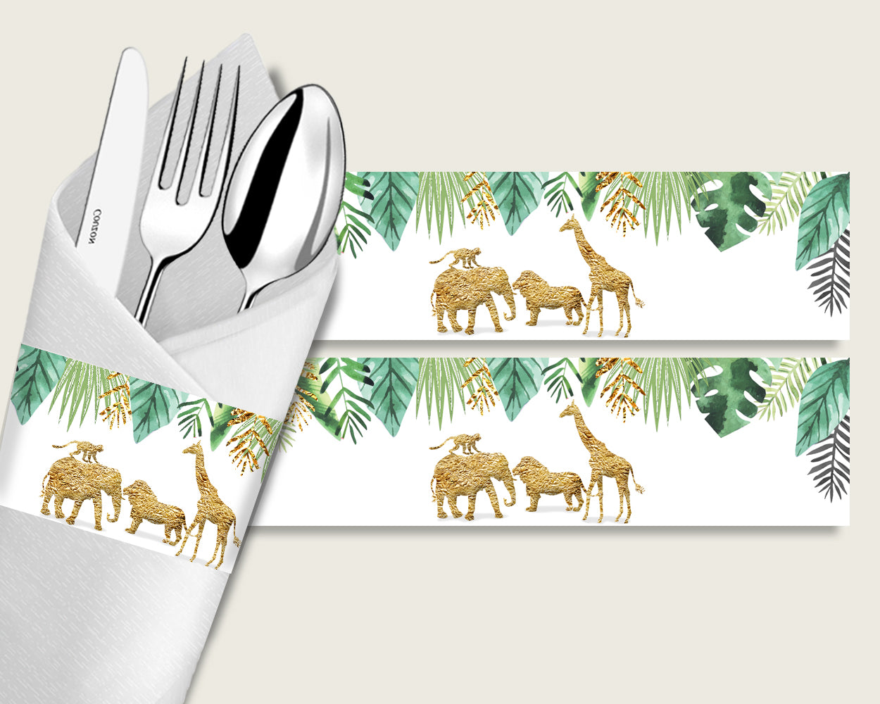 Jungle Baby Shower Napkin Rings Printable, Gold Green Napkin Wrappers, Gender Neutral Shower Utensils Wrap, Instant Download, EJRED